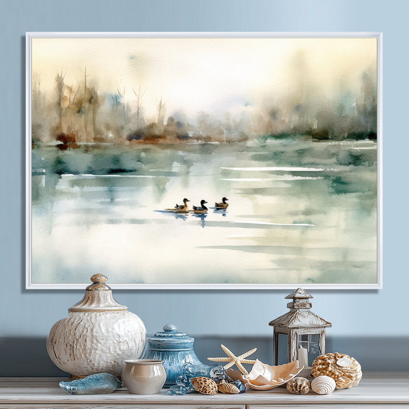 «Ducks in Pond I» - Art mural sur toile, H 34 po x l 44 po, Blanc, Reproduction avec cadre flottant