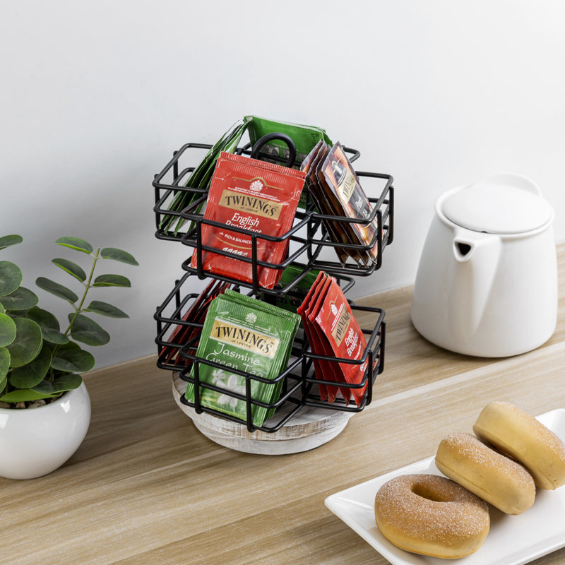 Black Rotating Tabletop Tea Storage With Wood Base