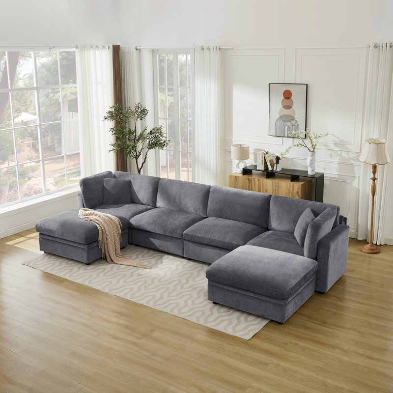 Canapé modulaire surdimensionné rembourré de duvet avec repose-pieds, H 34,6 po x l 154,3 po x P 66,9 po, Gris clair