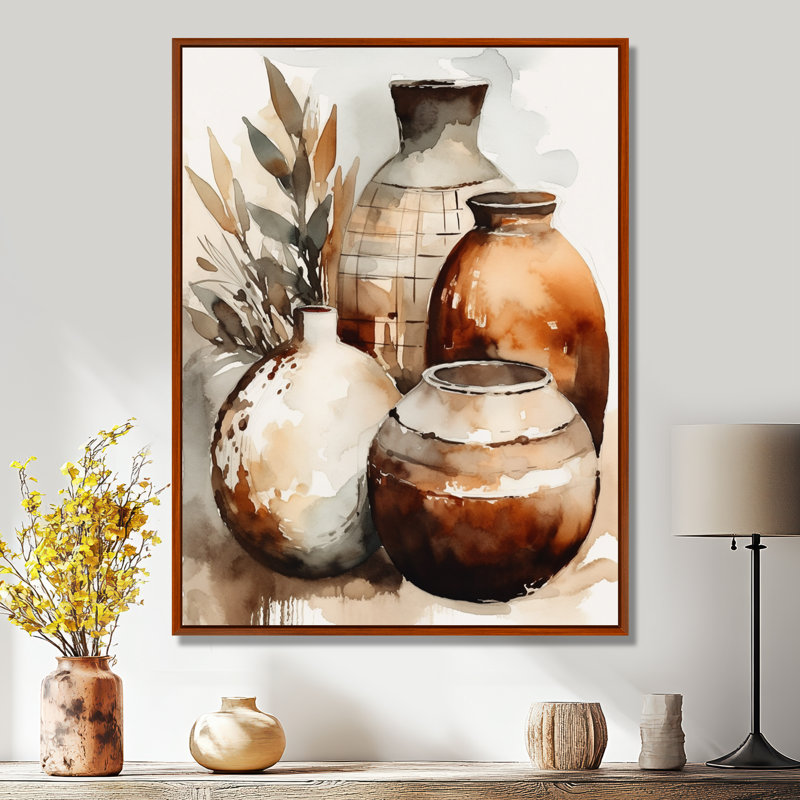 Vase en terre cuite brun et crème Kellerson, H 32 po x l 16 po, Reproduction avec cadre flottant, Brun
