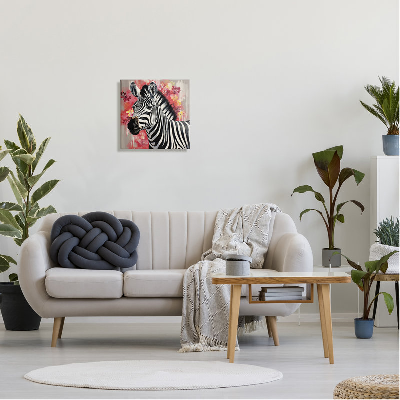 Art mural sur toile Zèbre avec fleurs roses par Lazar Studio, H 17 po x l 17 po x P 1,5 po