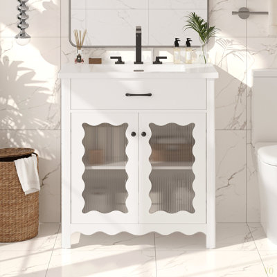 Meuble-lavabo de 30 pouces avec verre trempé, armoire de salle de bain moderne avec pieds en bois d'hévéa et portes à fermeture en douceur