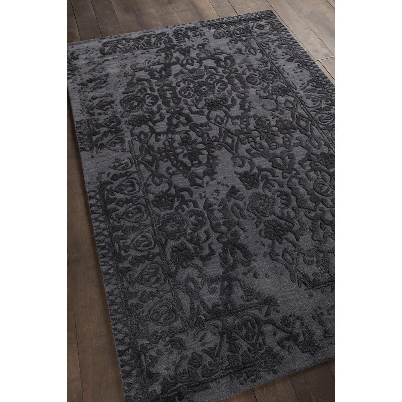 Tapis d'intérieur gris / noir en laine / viscose à motif abstrait touffeté à la main Boothby, 9 pi x 13 pi