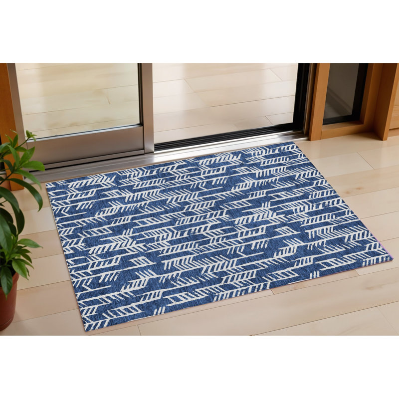 3' X 5' Navy Blue And Ivory Tribal Washable Indoor Outdoor Area Rug