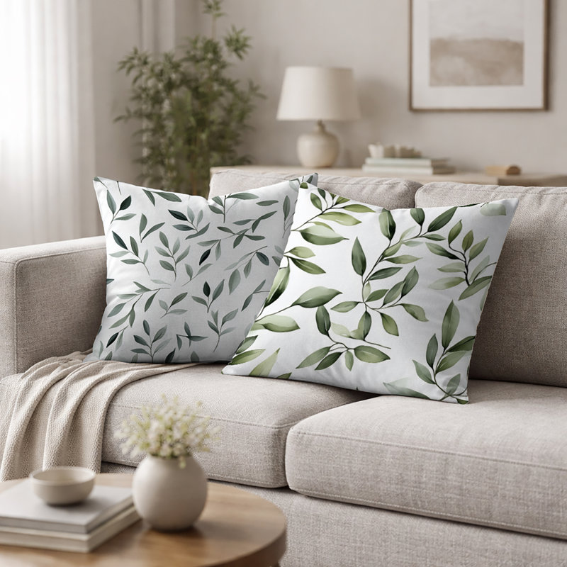 Olive Quiet - Coussin décoratif imprimé floral 2 pièces, H 16 po x l 16 po