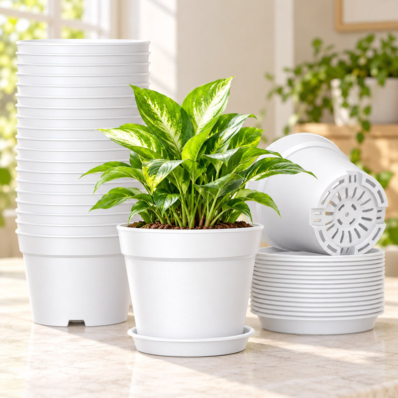 Lot de 20 pots de fleurs blancs en plastique de 15 cm avec drainage et soucoupes