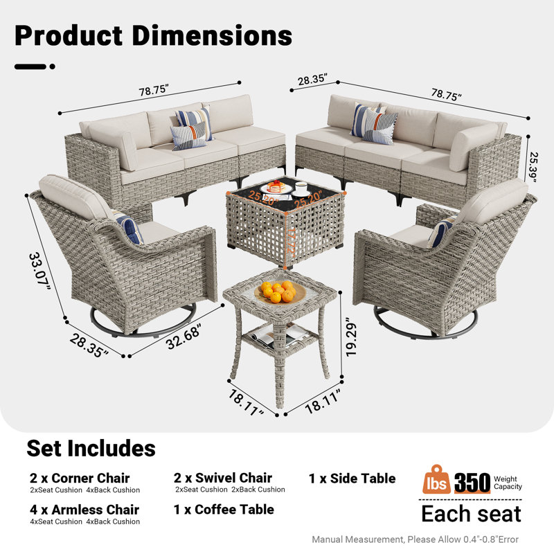 Ensemble de conversation modulaire en osier avec coussins 10 pièces Emroy, Beige