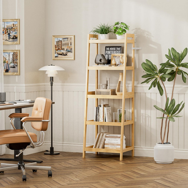 127 cm H x 43.2 cm W Bamboo / Rattan Ladder Bookcase, Beige