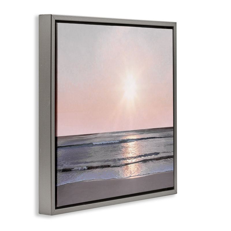 «Peach Sunrise over Beach», art mural encadré flottant par Mike Calascibetta, Cadre flottant gris lustré, H 25 po x l 25 po
