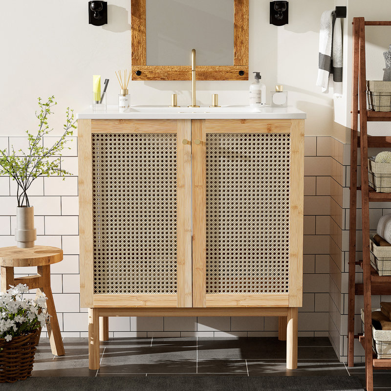 Meuble-lavabo de 30 pouces fabriqué à partir de matériaux naturels, avec des portes en rotin faites à la main et des mécanismes de fermeture en douceur