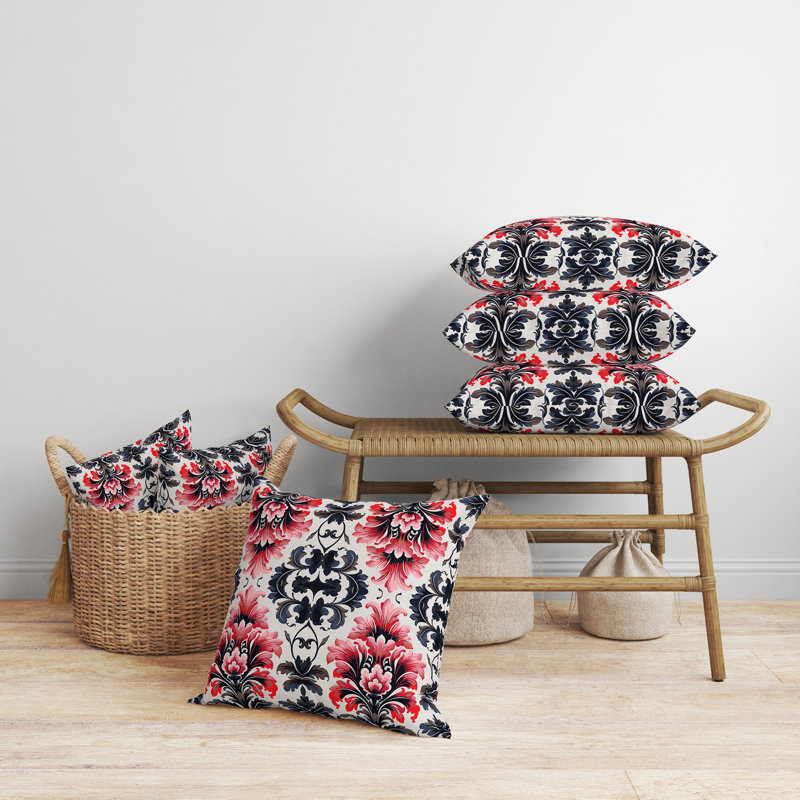 Coussin décoratif réversible intérieur / extérieur Damask Rapture, H 20 po x l 20 po, Rouge / rose / gris