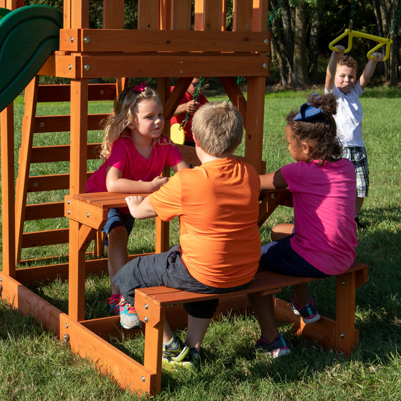 Backyard Discovery Tucson Cedar Wood Swing Set with Wave Slide, Play Deck, Rock Wall Ladder, and Snack Bar Window