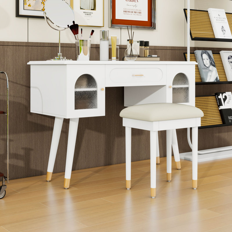 Makeup Vanity with Storage Organizer, Built-In Power Ports and Cushioned Chair, White
