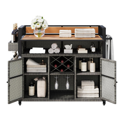 52.8"W Wicker Outdoor Grill Cart With Extended Plastic Wood Table Top, Rolling Kitchen Island On Wheels With Storage Cabinet, For Patio Backyard Garden Poolside, Double Handle Design, Grey
