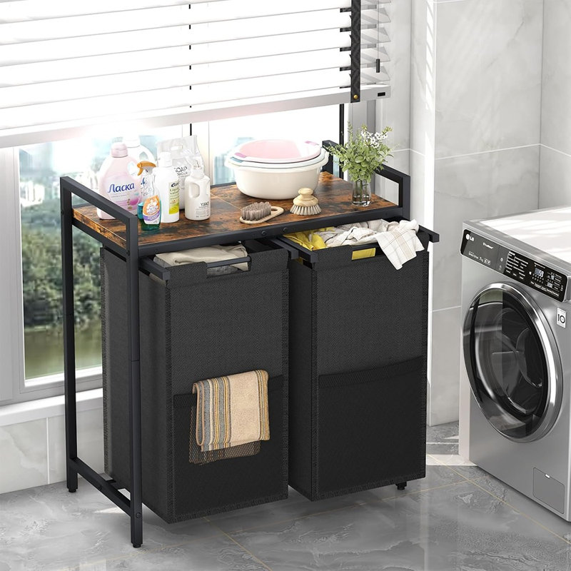 Double Laundry Hamper with Top Shelf, Removable Washable Bags, Side Pockets, Laundry Sorter Organizer, Rustic Brown & Black