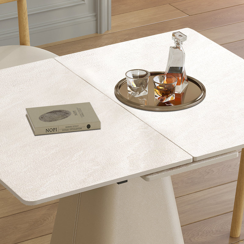 Table de salle à manger rétractable à dalle de roche pliante, table carrée extensible moderne avec base en acier inoxydable revêtue de cuir, table de cuisine à double usage peu encombrante