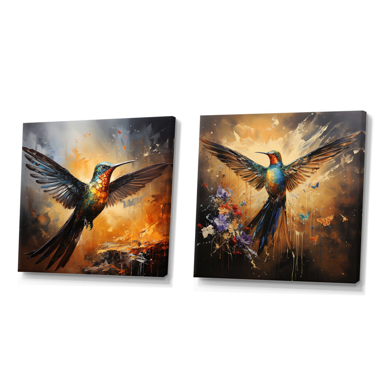 Colibri à plumes, flamme I - ensemble de 2 impressions sur toile colibri, Toile tendue, H 16 po x l 33 po x P 1 po