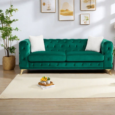 Compression Sofas, 82.5 Inch Green Velvet Modern Chesterfield For Home
