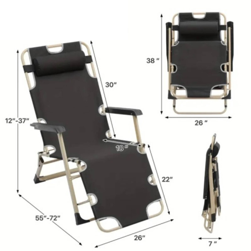 Black Adjustable Waterproof Folding Outdoor Lounge Chair With Pillows, Black