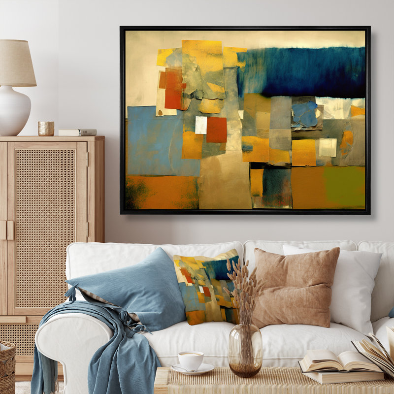 Lever de soleil sur la ville rétro cubiste Colourfields I - paysage abstrait, H 12 po x l 20 po x P 1 po, Cadre flottant noir