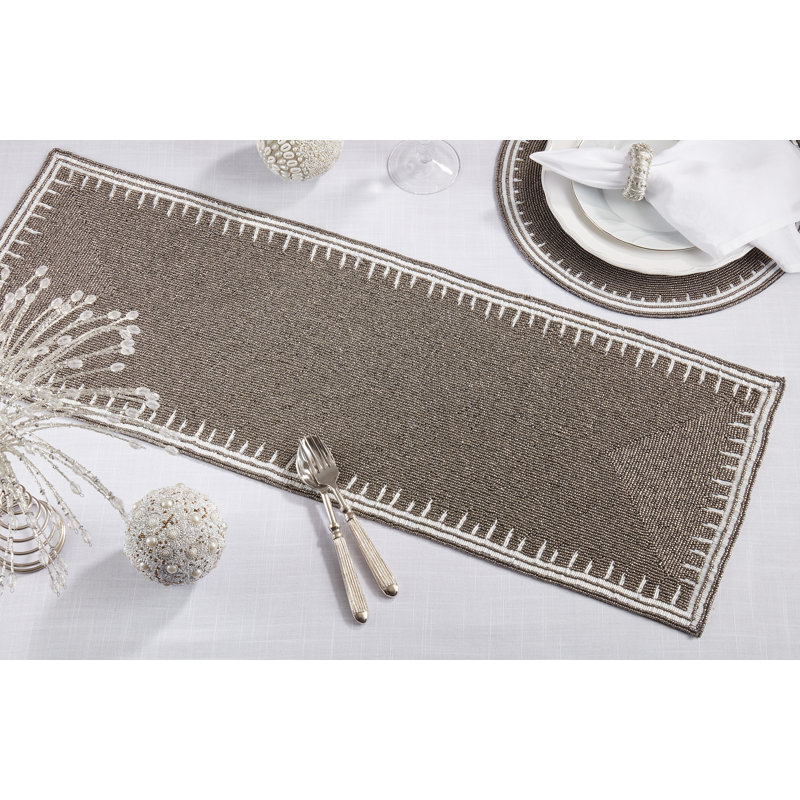 Gray Beaded Polyester Table Runner, 13"x35"