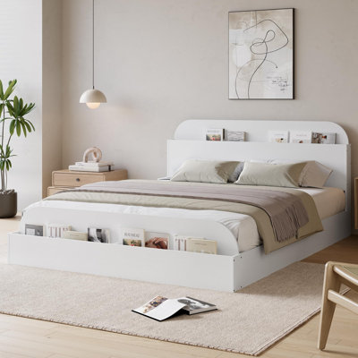Cadre de lit, lit en bois avec tête de lit et pied de lit avec rangement
