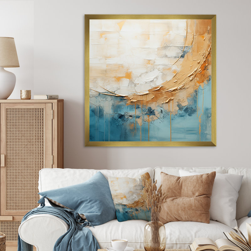Peinture dorée et bleue Fusion I - peinture abstraite, art mural, Cadre doré simple, H 16 po x l 16 po x P 1 po
