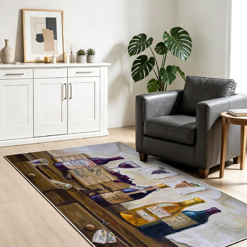 Tapis intérieur beige lavable à la machine avec alambic et vin, Rectangle 39" x 63"