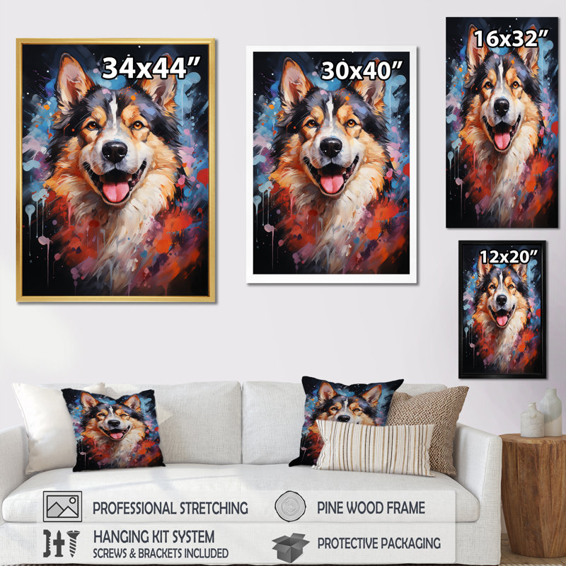 Chien Akita Aurora IV sur toile, Cadre simple argenté, H 32 po x l 16 po x P 1 po