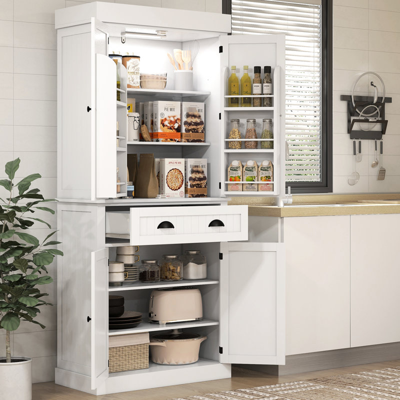 71" Kitchen Cabinet With Motion Sensor - 6 Door Shelves, Drawer, 4 Adjustable Shelves White Property Pantry Drawer & For Attractive Living, Dining Setups
