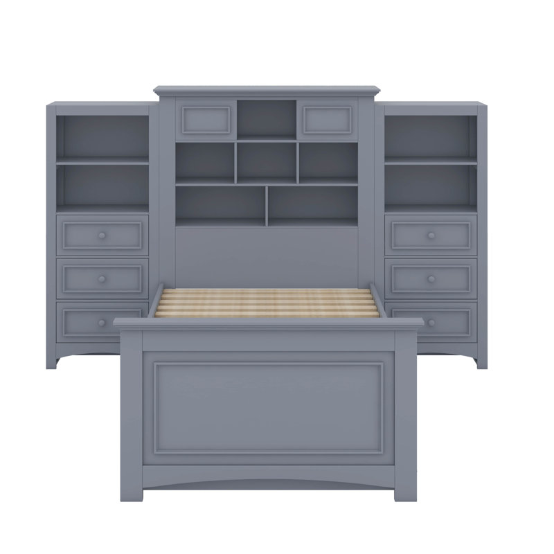 Lit plateforme simple en bois avec armoire verticale et 4 tiroirs de chaque côté, Gris