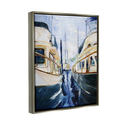 Au-407-Framed " Marine Harbor Docked Boats " by Curt Crain Painting Print