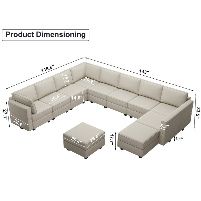 Wylodene 143" W Velvet Modular Sectional Sofa, Light Gray Velvet