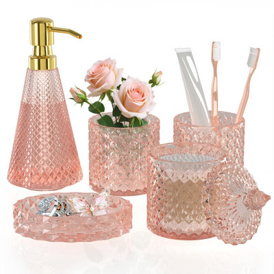 Pink Glass Bathroom Accessories Set 5 Pcs, Pink Bathroom Set, Soap Dispenser and Toothbrush Holder Set, Qtip Holder Set, Vintage Bathroom Sink Set, Cute Bathroom Decor