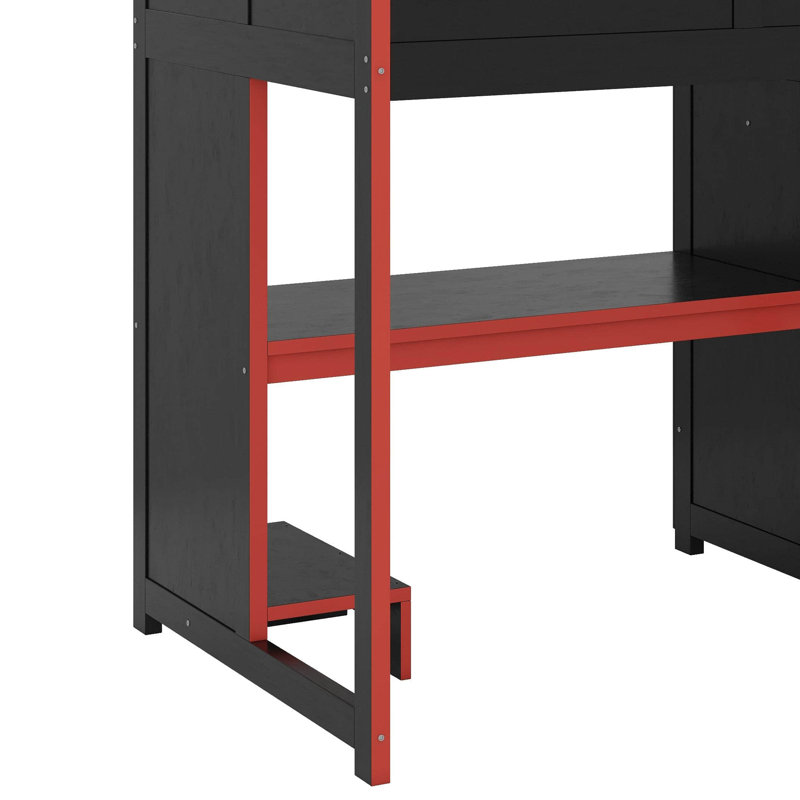 Lit mezzanine en bois avec bureau intégré, garde-robe, DEL et tiroir, Lit simple