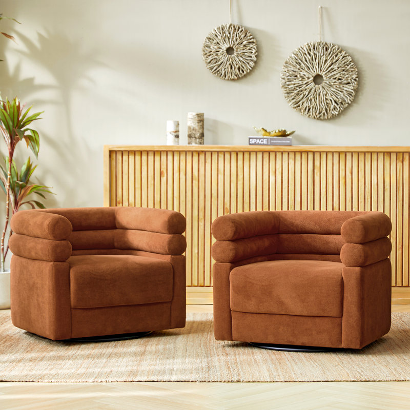 Lanel Modern Boucle Swivel Barrel Chair with One Accent Pillow (Set of 2), Rust Polyester