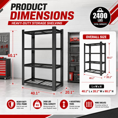 Étagère de rangement robuste en métal à 4 niveaux, réglable, 152 cm (60 po) de hauteur, noire, capacité de charge de 1017 kg (2240 ​​lb), dimensions : 102 cm (40 po) de largeur x 51 cm (20 po) de profondeur x 152 cm (60 po) de hauteur. Parfait pour le garde-manger, le garage et la cuisine.