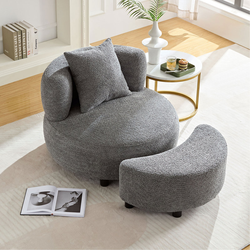 Joshwa Accent Chair with Ottoman Boucle Upholstered Sofa Chair for Living Room Bedroom and Office, Beige Fabric
