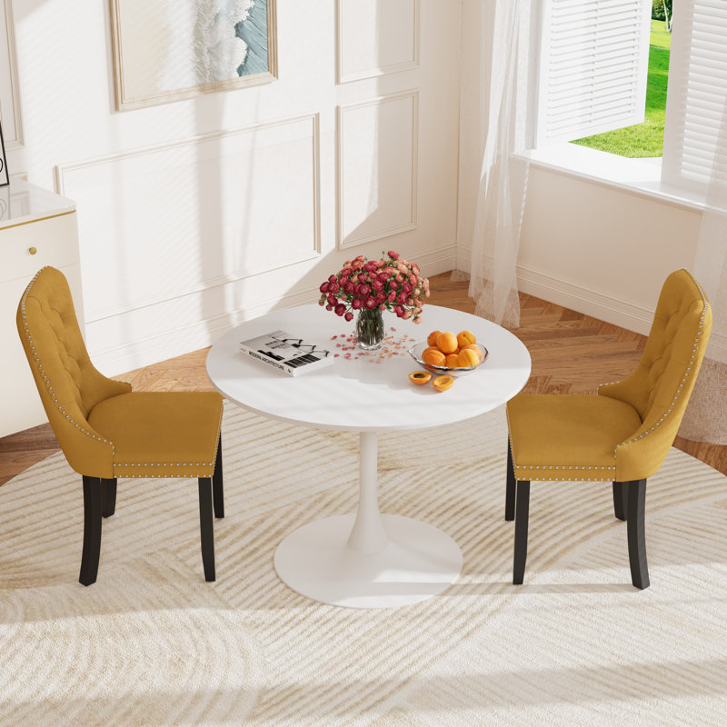 Round Pedestal Dining Set with 2 chairs, White/White, Yellow
