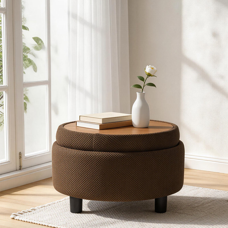 63.5cm Wide Round No Pattern Footstool Ottoman, Coffee