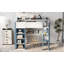 Lit mezzanine double en bois pleine grandeur avec tablettes de rangement intégrées, portemanteaux et bureau, blanc et bleu