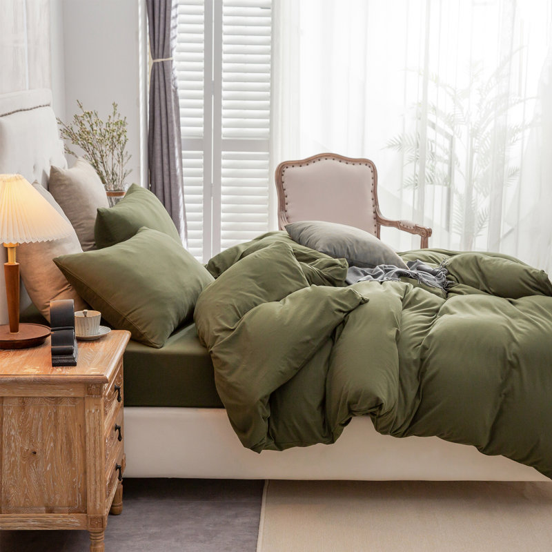 HOME BEDDING Jersey Cotton Duvet Cover Set, Olive Green, Full Duvet Cover + 2 Standard Shams