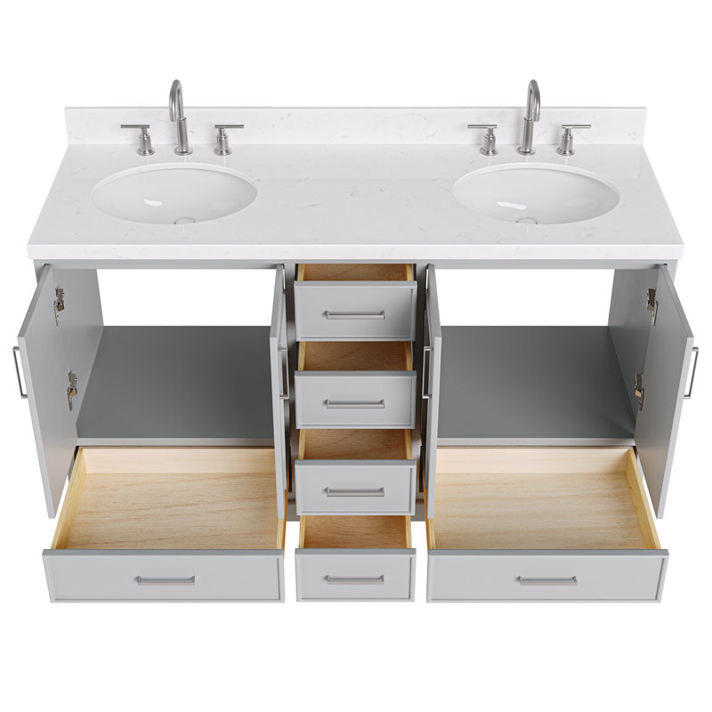 Ensemble de meuble-lavabo double 60,25 po avec plateau en quartz Abshire, Ovale, Gris