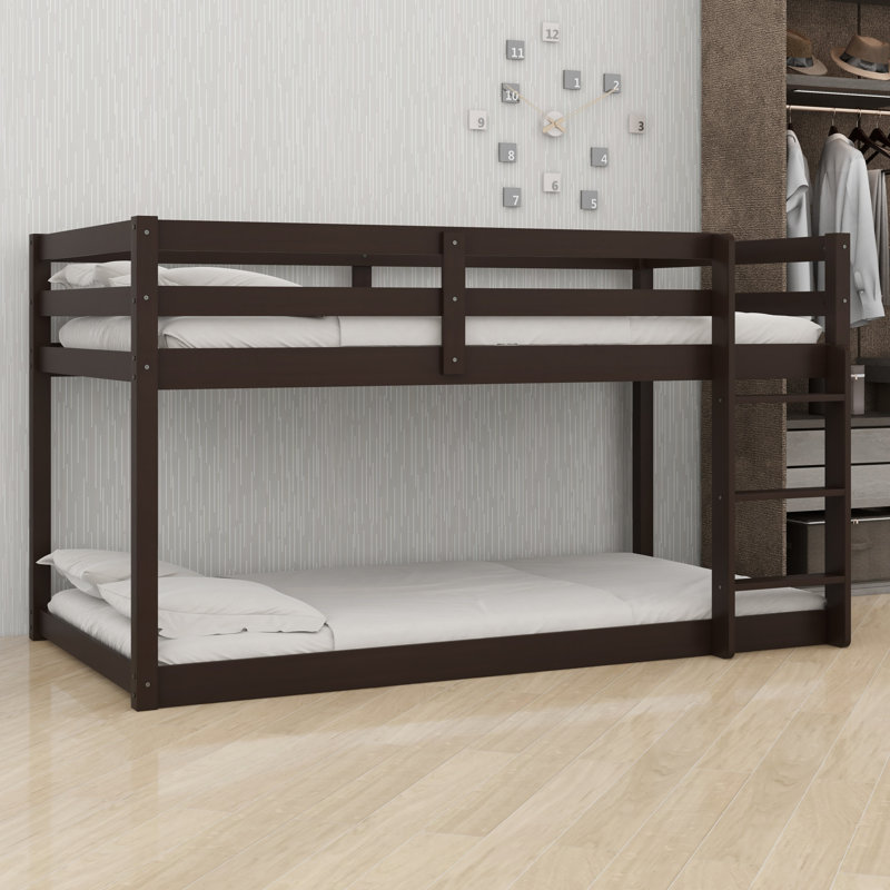 Floor Bunk Bed, Ladder Included and Bed Platform with Strengthened Slats, Espresso