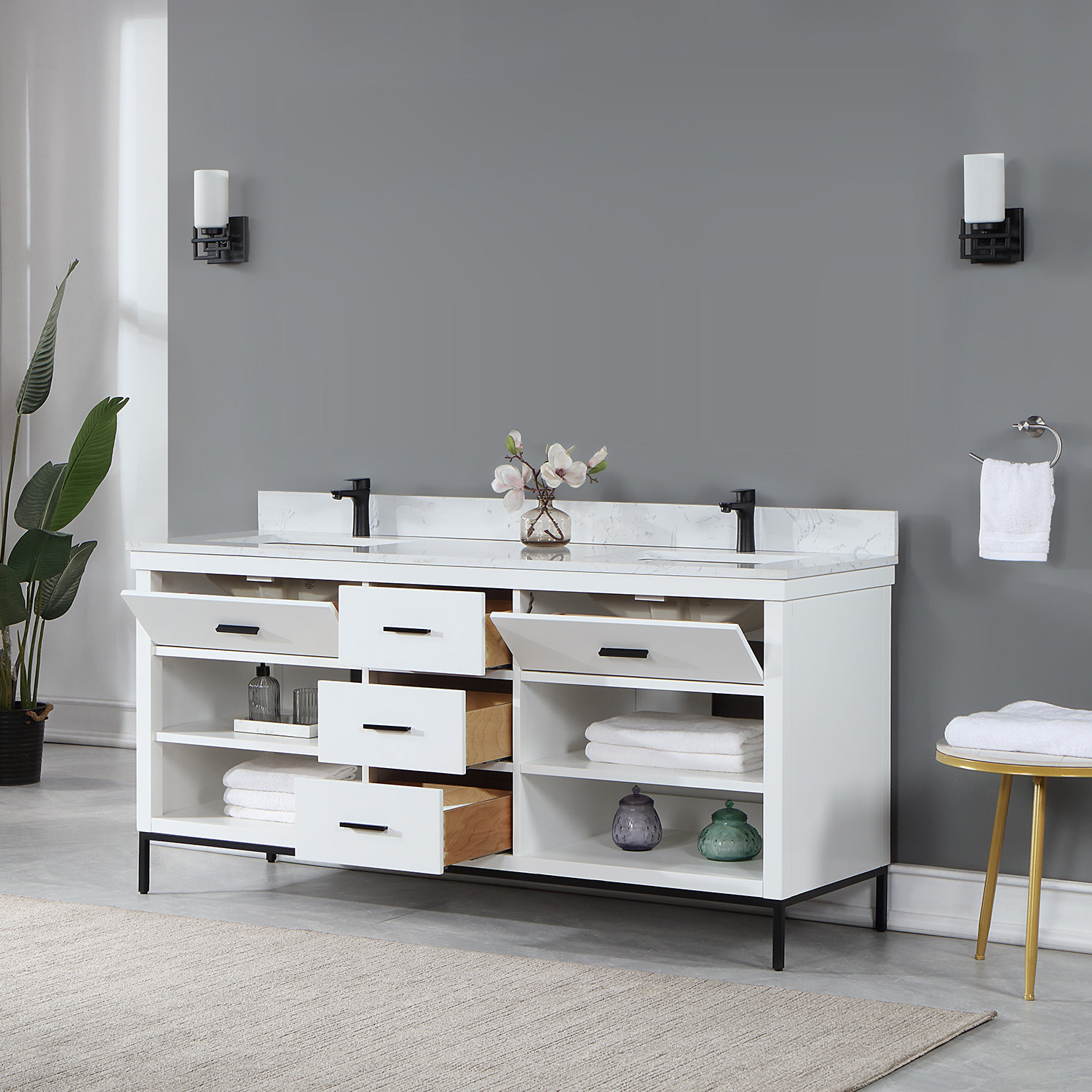 Adaire 72'' Double Bathroom Vanity, Matte Black, White