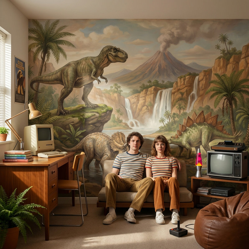 Papier peint dinosaures nature préhistorique, 100 po x 96 po, Peler et coller