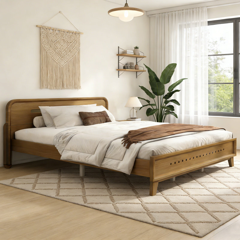 Queen Size Solid Wood Bed Frame with Slat Support for Bedroom, Beige, Queen