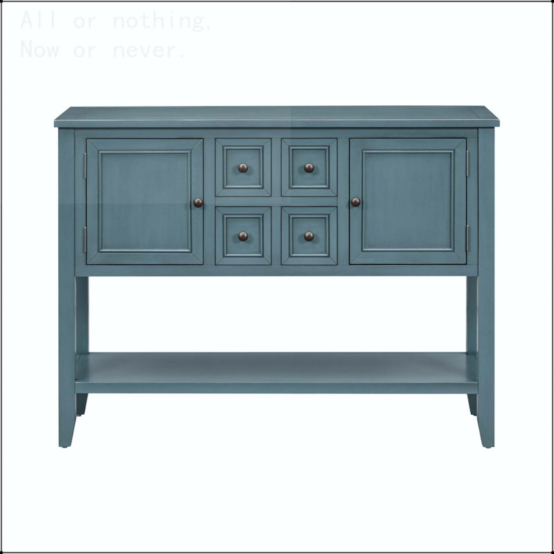 Console rétro avec quatre tiroirs, armoires et tablette inférieure, Bleu très foncé