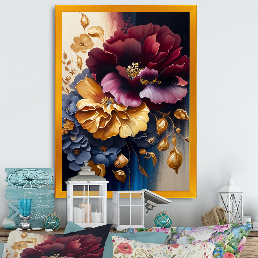 Burgundy And Blue Floral Bunch II - Floral Wall Art Design Art 