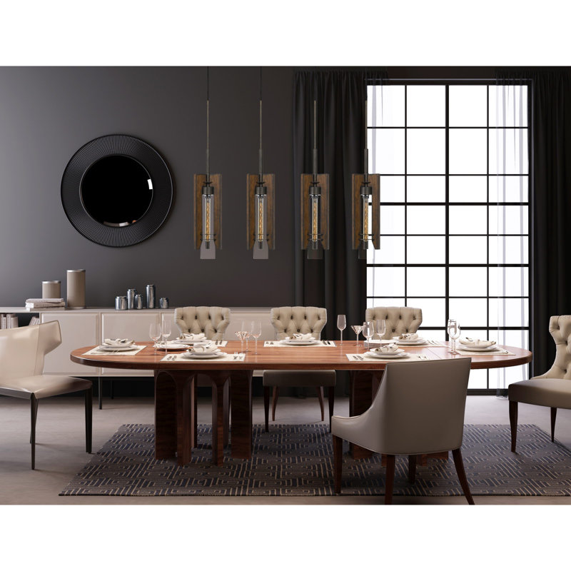 39.25" L 4-Light Almeria Wood and Glass Pendant, Pine/Iron Finish, E26, 60W